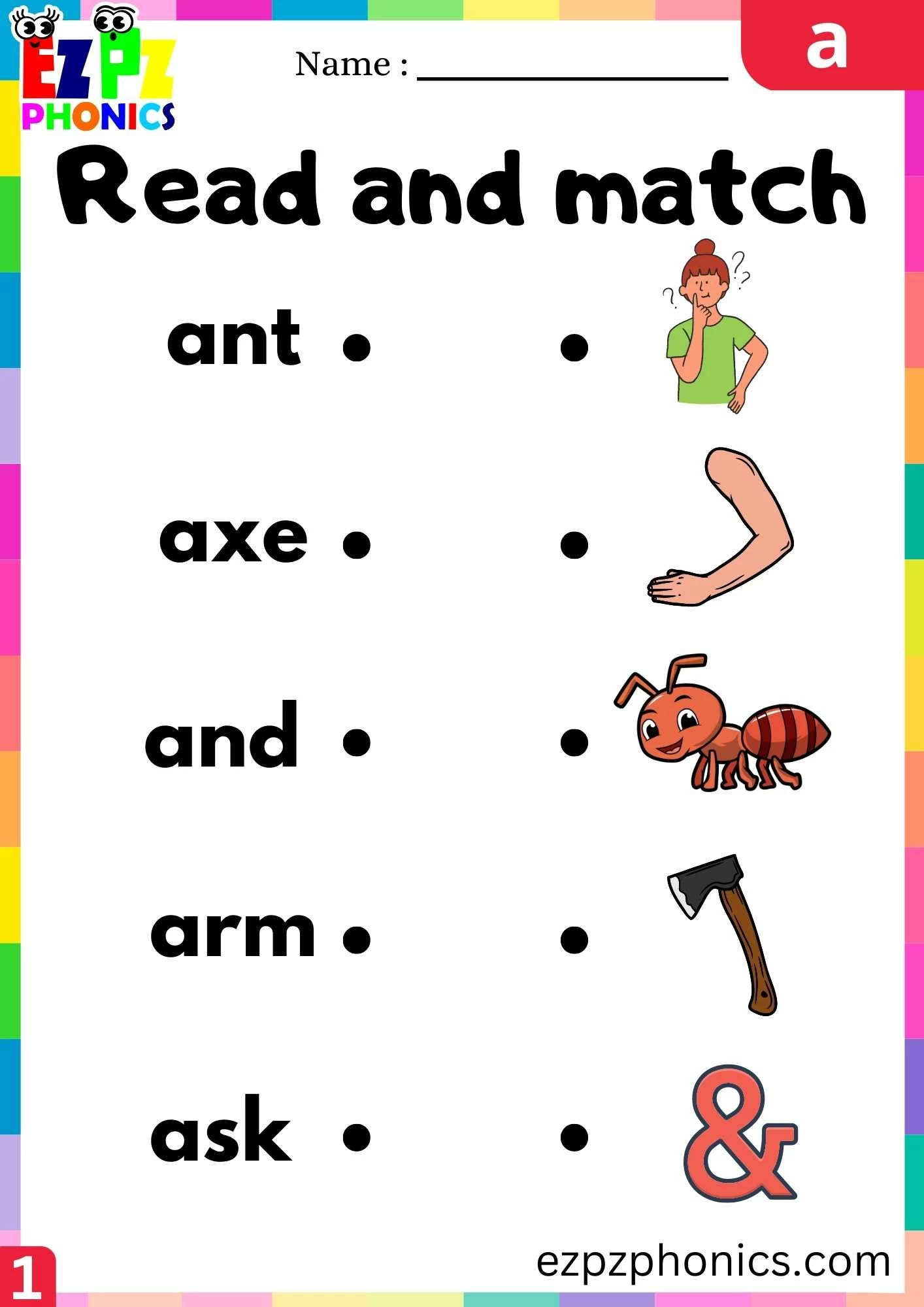 Letter a Read and Match Beginning Sounds Worksheet